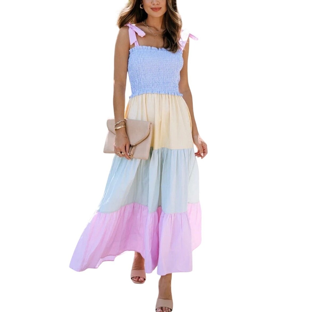 &merci Pastel Striped Smocked Tiered Maxi Dress L Pockets Cottagecore Farmhouse